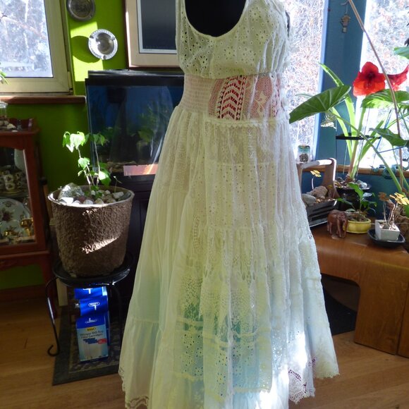 GOTH BOHO PRAIRIE WEDDING WHITE FLORAL EYELET WOVEN TIERED FULL MAXI DRESS XL - Picture 12 of 16